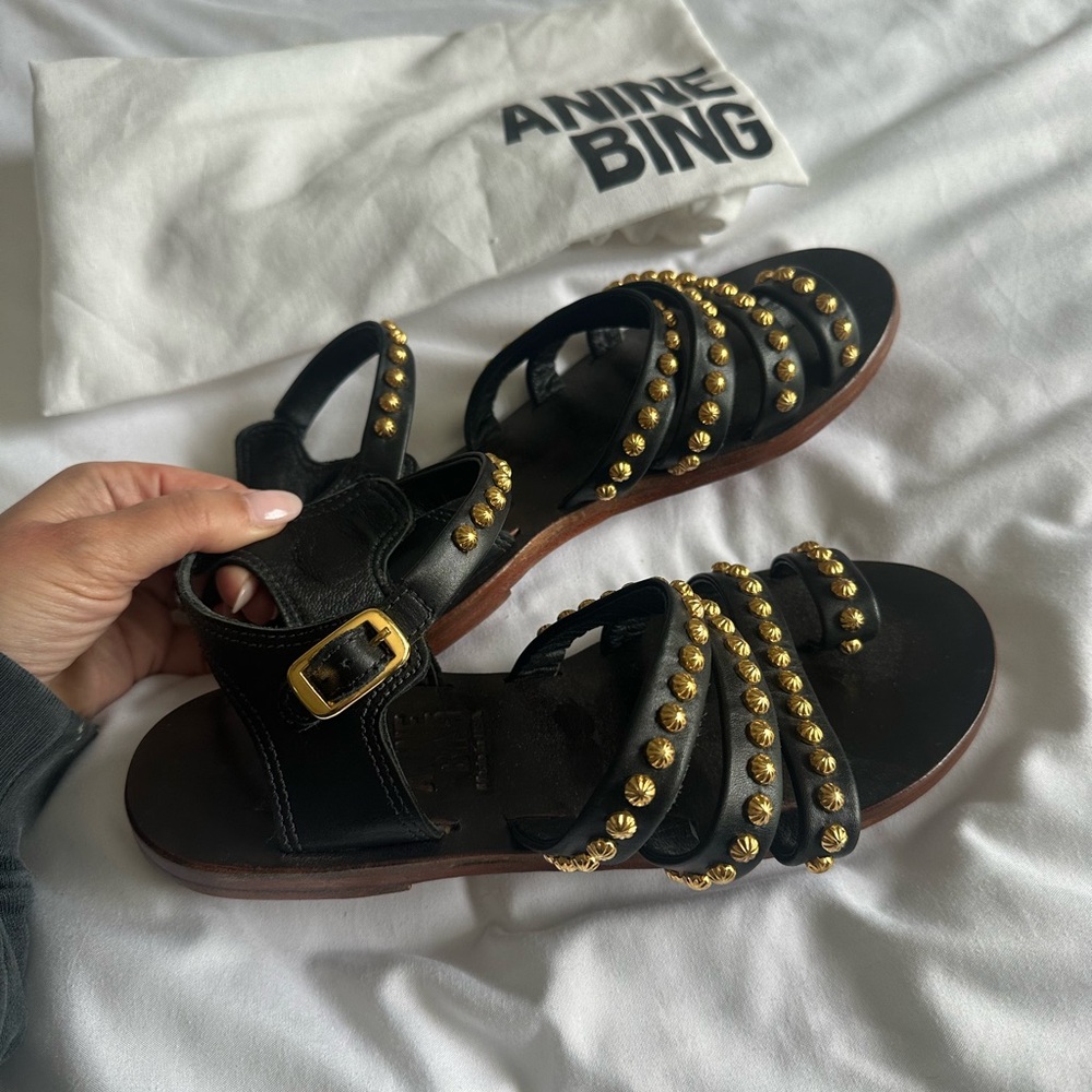 Anine Bing studded sandals leather black and gold EU 37 US 7